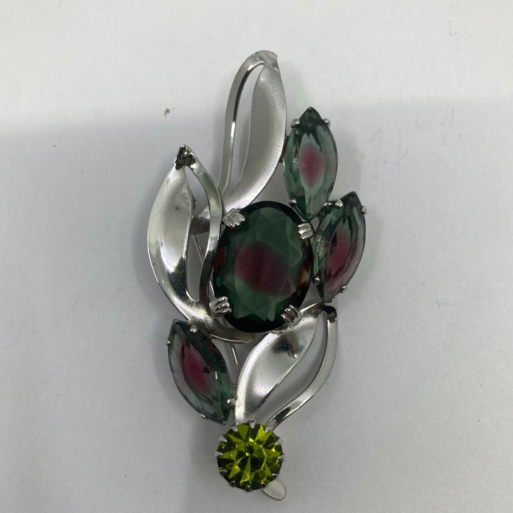 Vtg Continental watermelon rhinestone crystal rhodium tone brooch